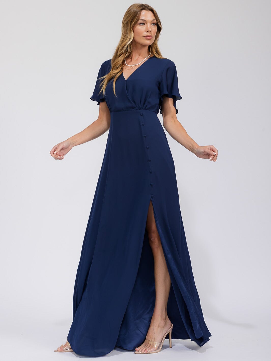 WOMEN'S SHORT SLEEVE SURPLICE FRONT SLIT MAXI GOWN DRESS