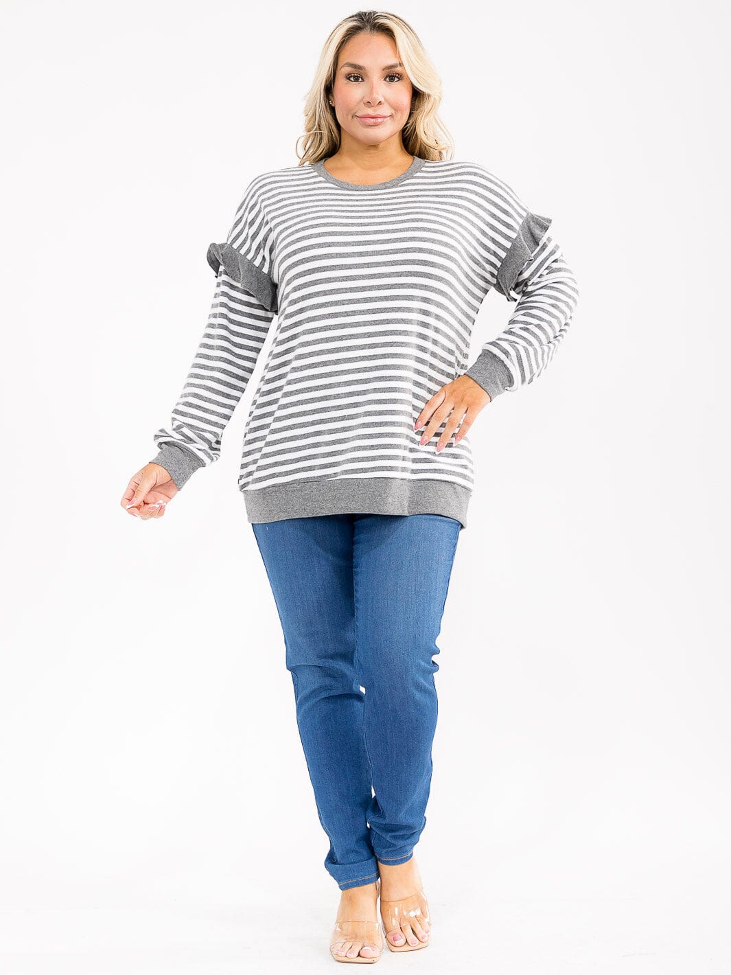 PLUS SIZE LONG SLEEVE COLORBLOCK STRIPES TOP