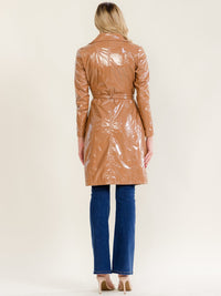 WOMEN'S LONG SLEEVE ZIPPER CLOSURE FRONT POCKETS SELF TIE PU LEATHER COAT