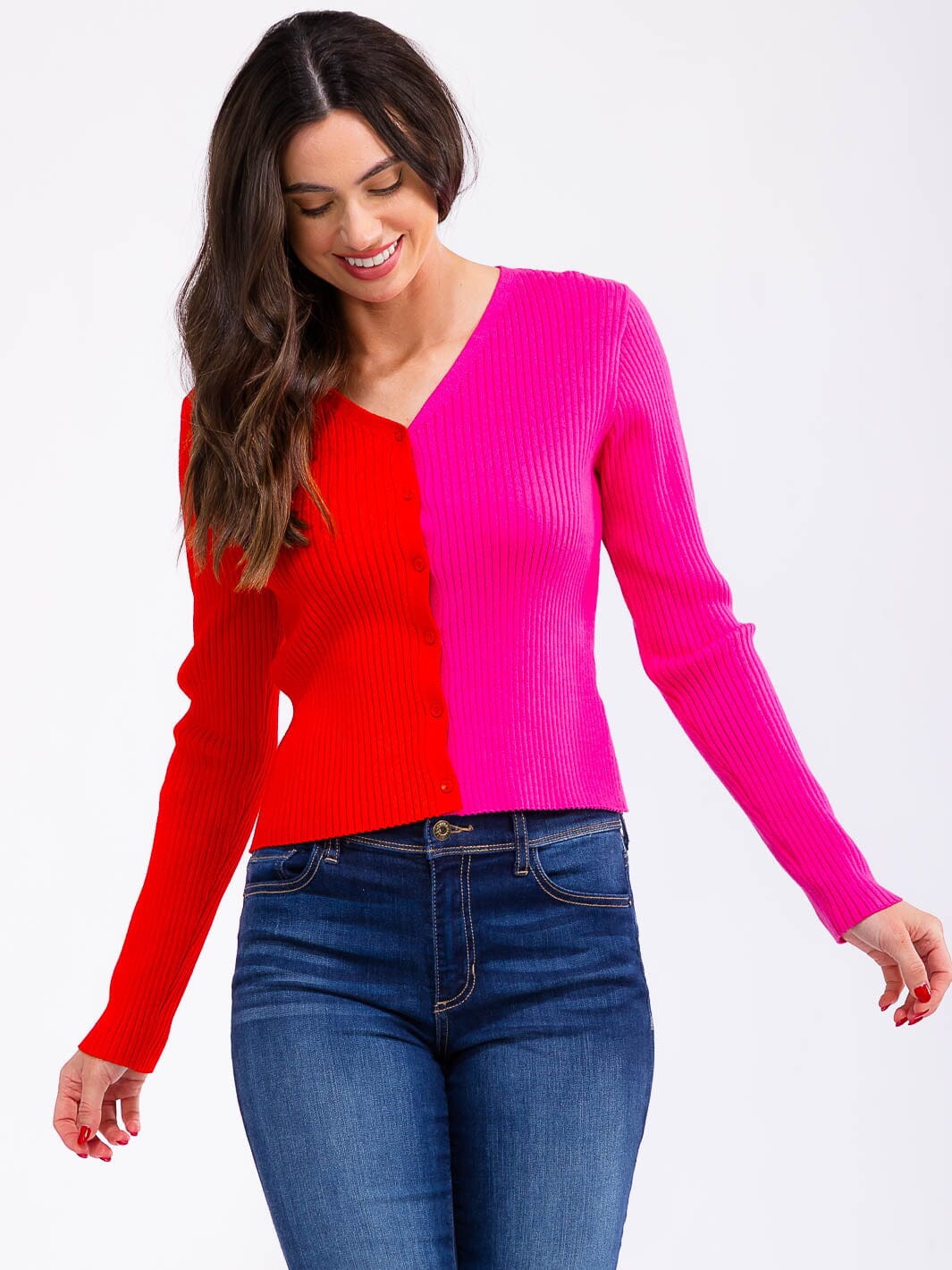 WOMEN'S LONG SLEEVE V-NECK BUTTON UP COLORBLOCK RIBBED TOP