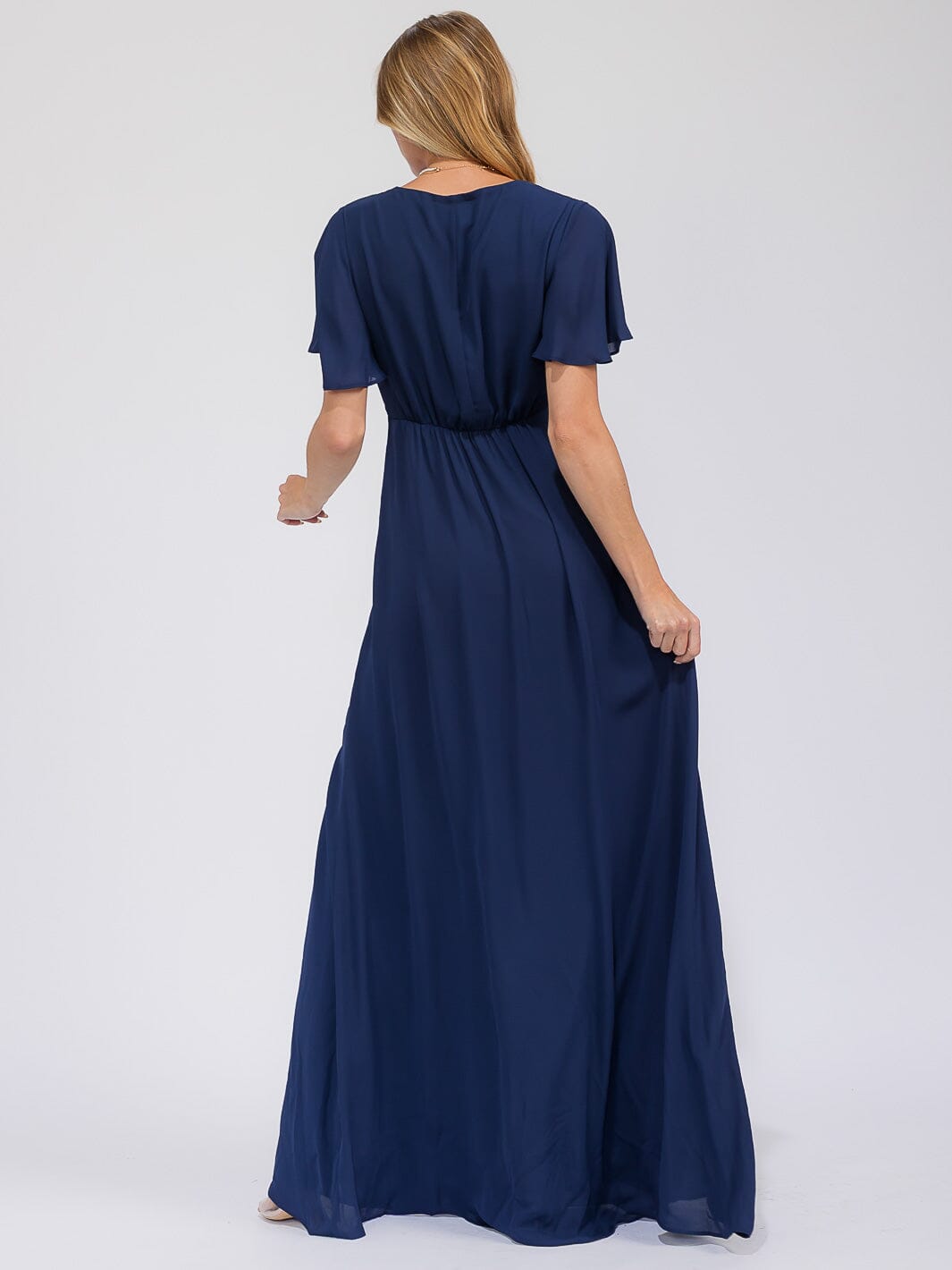 WOMEN'S SHORT SLEEVE SURPLICE FRONT SLIT MAXI GOWN DRESS