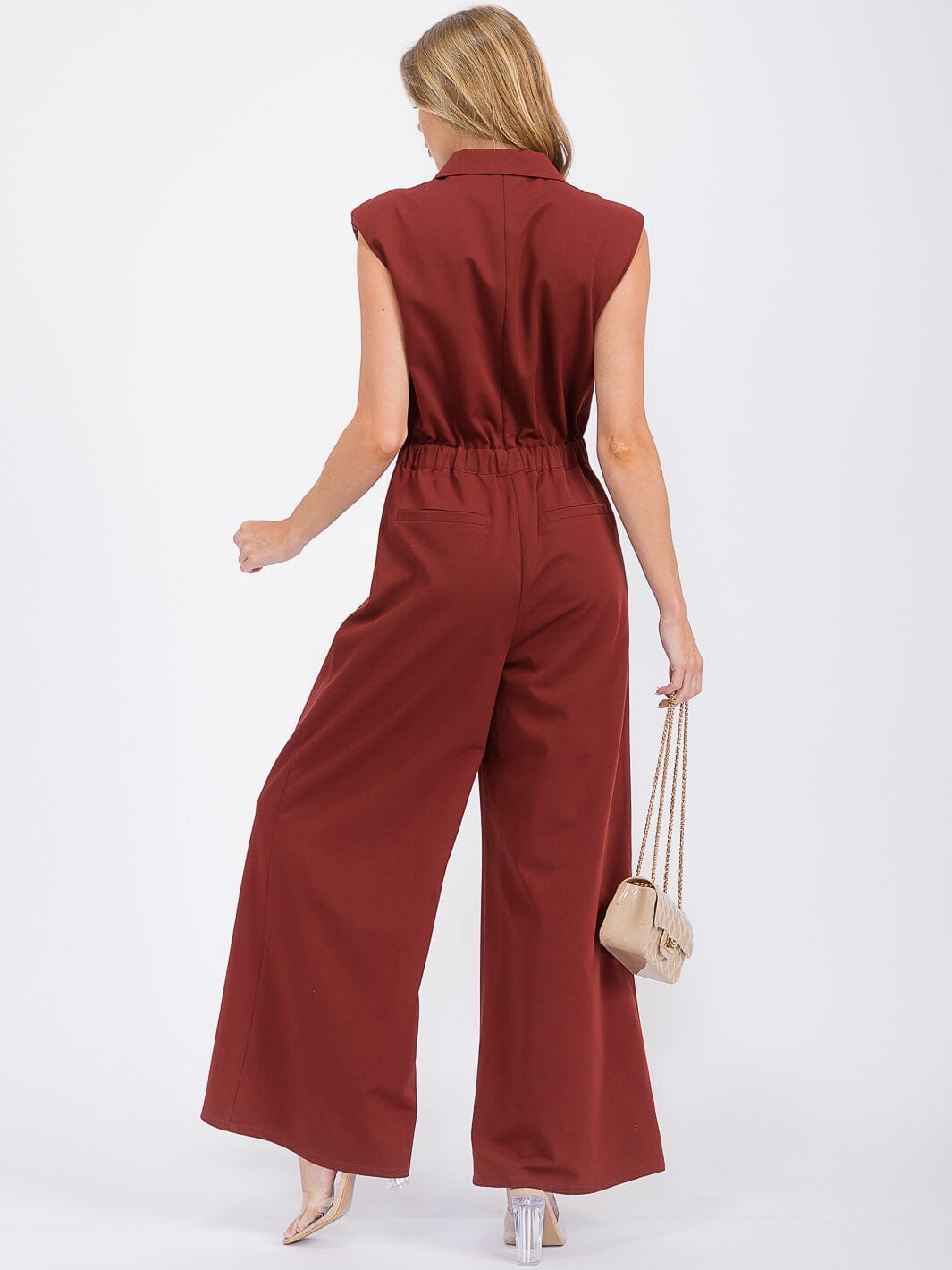 WOMEN'S SLEEVELESS BUTTON UP POCKETS WIDE LEG JUMPSUIT