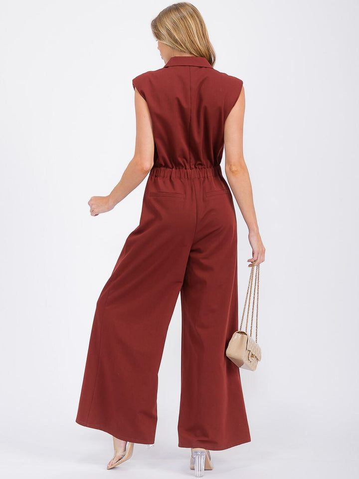 WOMEN'S SLEEVELESS BUTTON UP POCKETS WIDE LEG JUMPSUIT