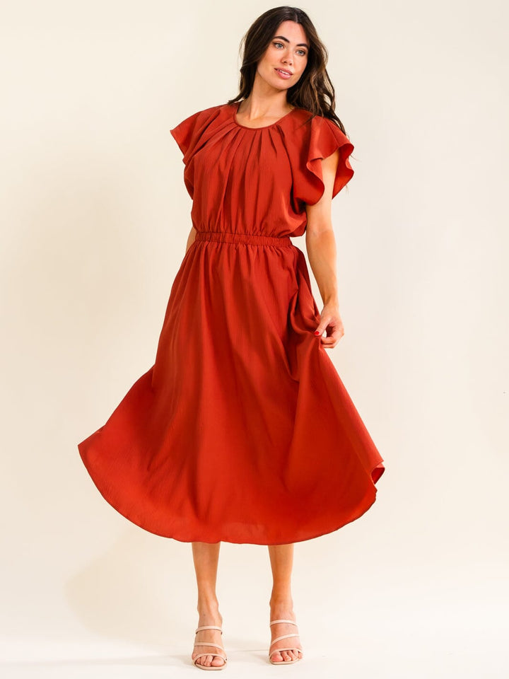ENTRO WOMEN'S SHORT RUFFLE SLEEVE ELASTIC WAIST MAXI DRESS