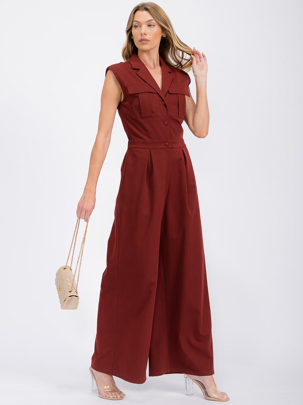 WOMEN'S SLEEVELESS BUTTON UP POCKETS WIDE LEG JUMPSUIT