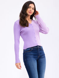 WOMEN'S LONG SLEEVE V-NECK BUTTON UP COLORBLOCK RIBBED TOP