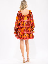 WOMEN'S LONG SLEEVE POCKETS TIERED PRINTED LOOSE FIT MINI DRESS