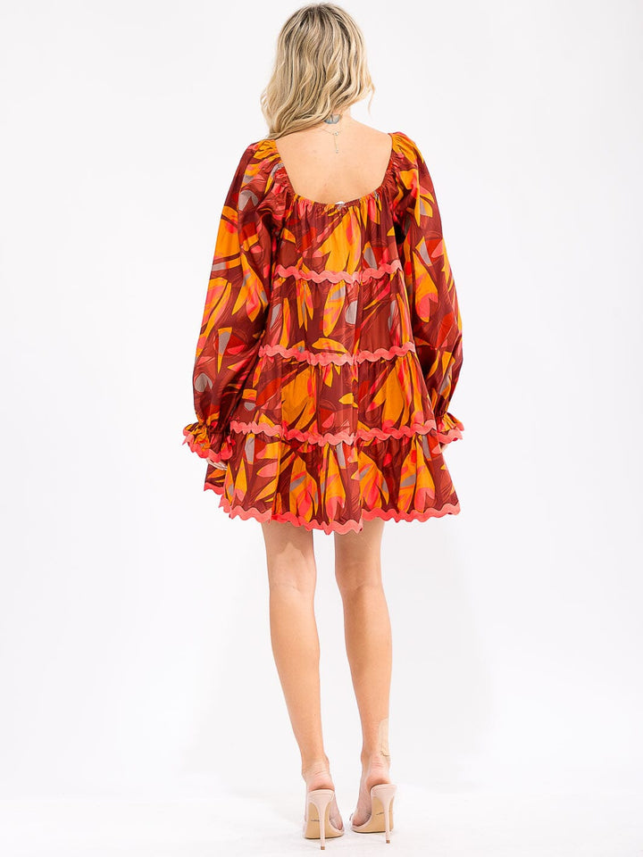 WOMEN'S LONG SLEEVE POCKETS TIERED PRINTED LOOSE FIT MINI DRESS