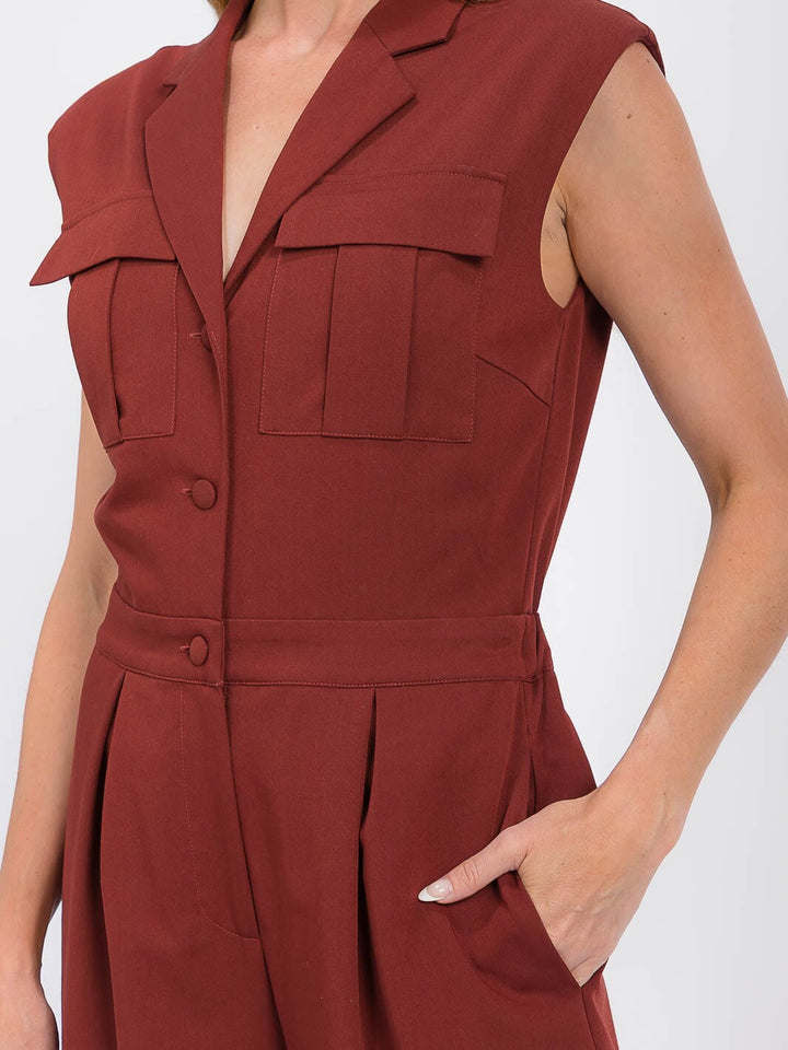 WOMEN'S SLEEVELESS BUTTON UP POCKETS WIDE LEG JUMPSUIT