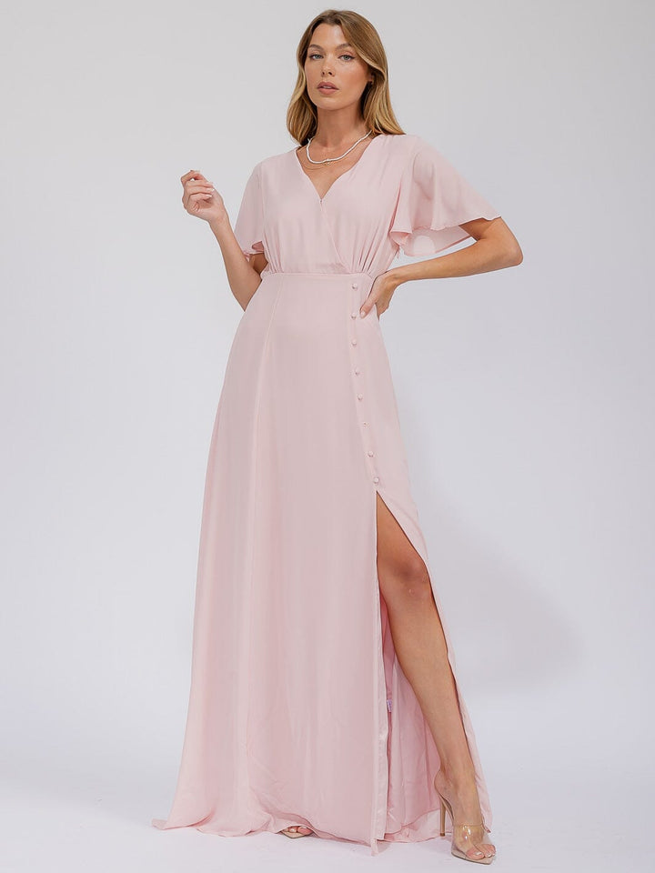 WOMEN'S SHORT SLEEVE SURPLICE FRONT SLIT MAXI GOWN DRESS