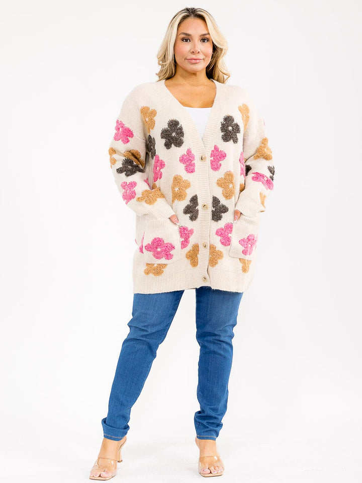 PLUS SIZE LONG SLEEVE BUTTON CLOSURE FLORAL PRINT CARDIGAN
