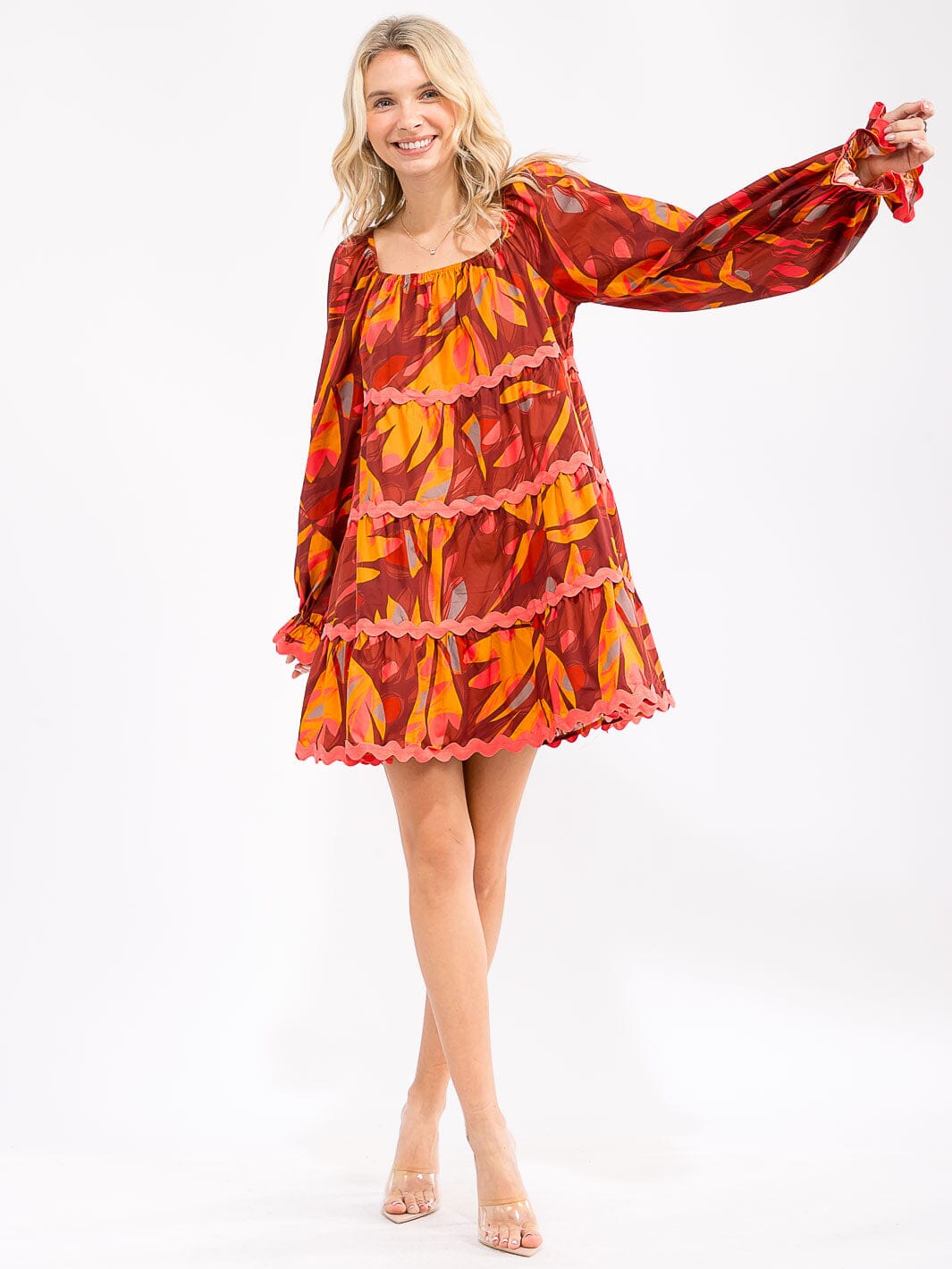 WOMEN'S LONG SLEEVE POCKETS TIERED PRINTED LOOSE FIT MINI DRESS