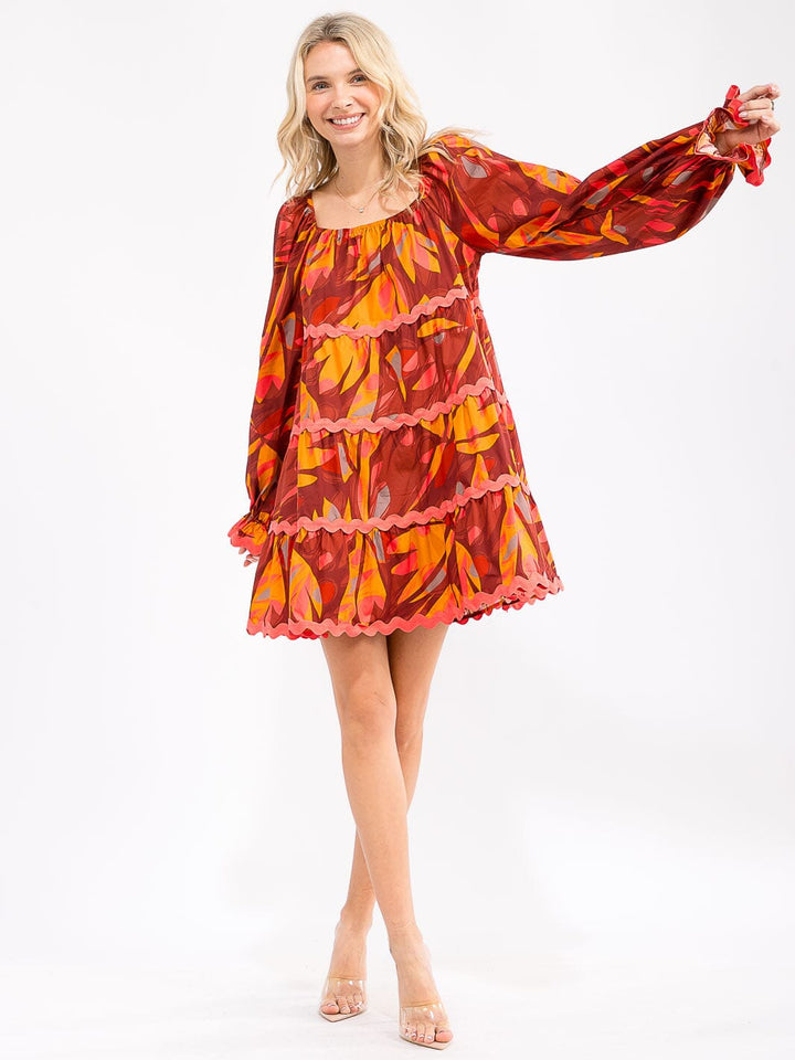 WOMEN'S LONG SLEEVE POCKETS TIERED PRINTED LOOSE FIT MINI DRESS