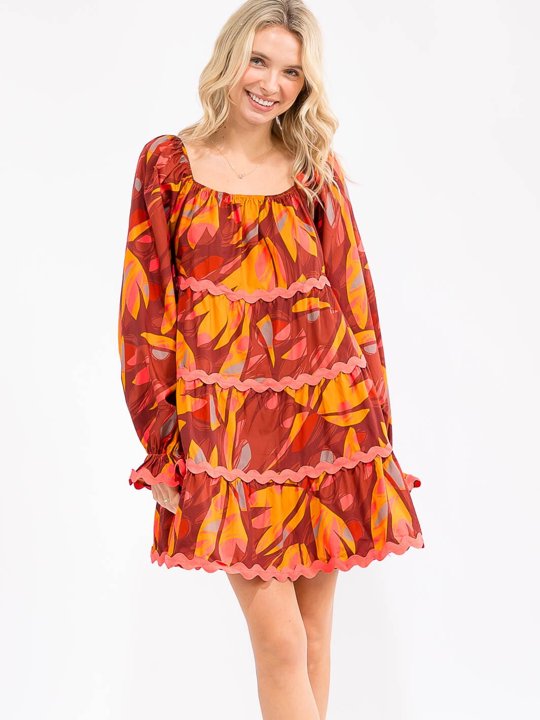 WOMEN'S LONG SLEEVE POCKETS TIERED PRINTED LOOSE FIT MINI DRESS