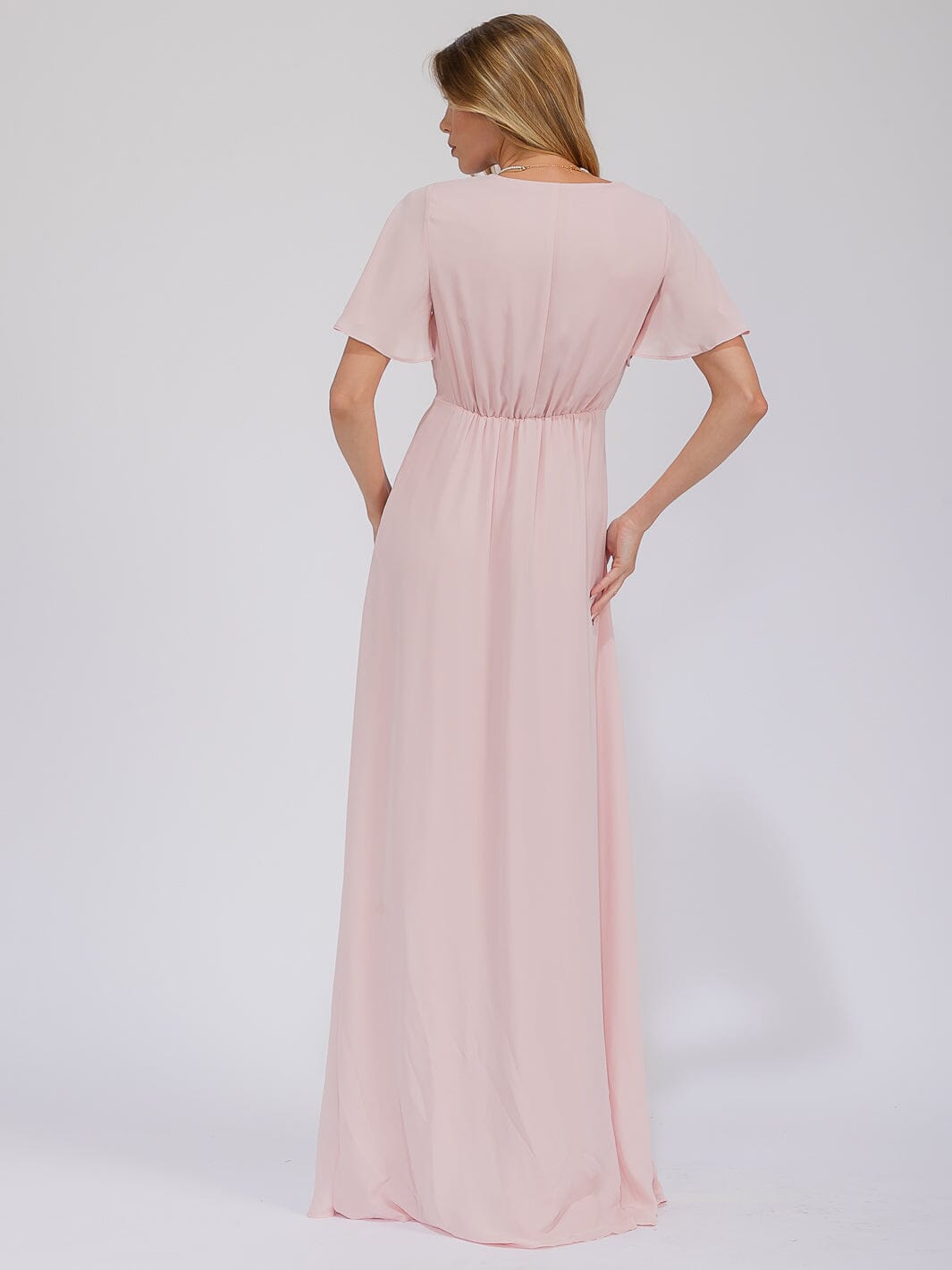 WOMEN'S SHORT SLEEVE SURPLICE FRONT SLIT MAXI GOWN DRESS