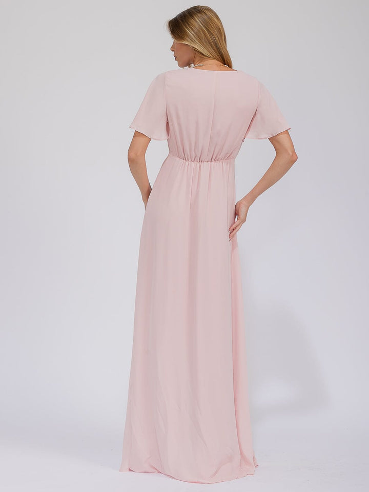 WOMEN'S SHORT SLEEVE SURPLICE FRONT SLIT MAXI GOWN DRESS