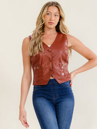 WOMEN'S SLEEVELESS V-NECK FRONT POCKETS BUTTON UP PU PLEATHER TOP