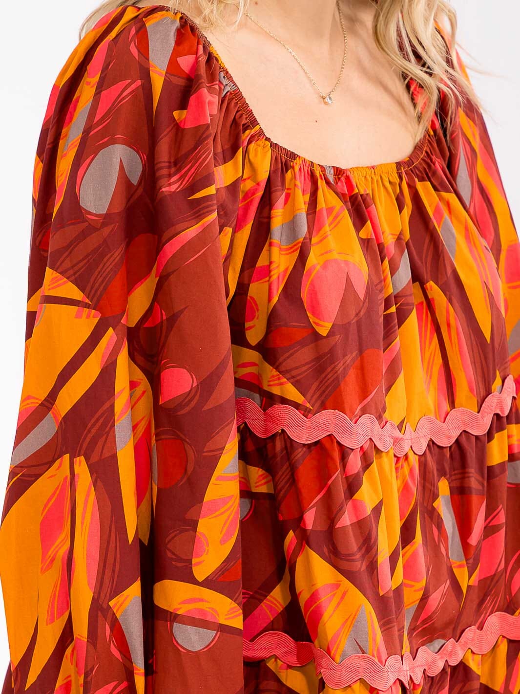 WOMEN'S LONG SLEEVE POCKETS TIERED PRINTED LOOSE FIT MINI DRESS