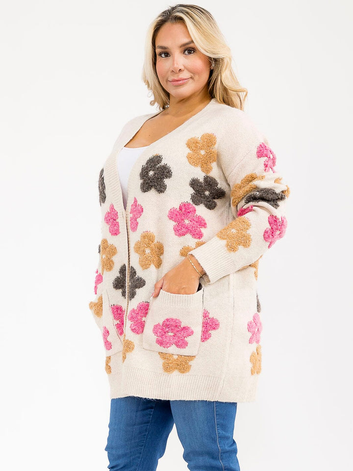 PLUS SIZE LONG SLEEVE BUTTON CLOSURE FLORAL PRINT CARDIGAN