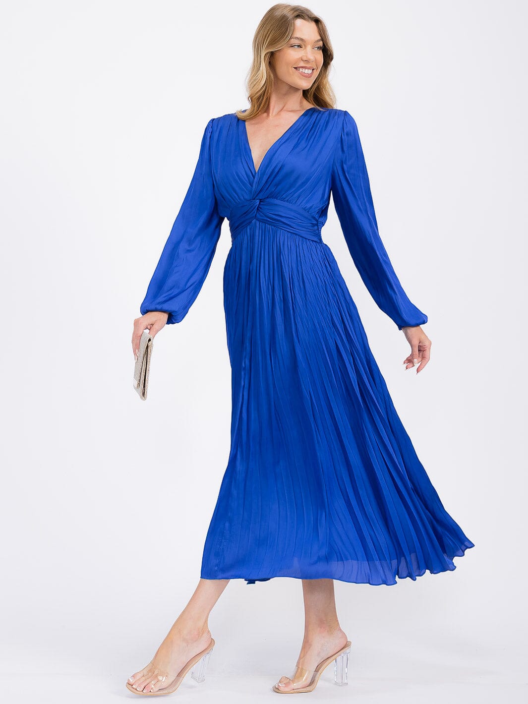WOMEN'S LONG SLEEVE V-NECK PLEATED MAXI DRESS