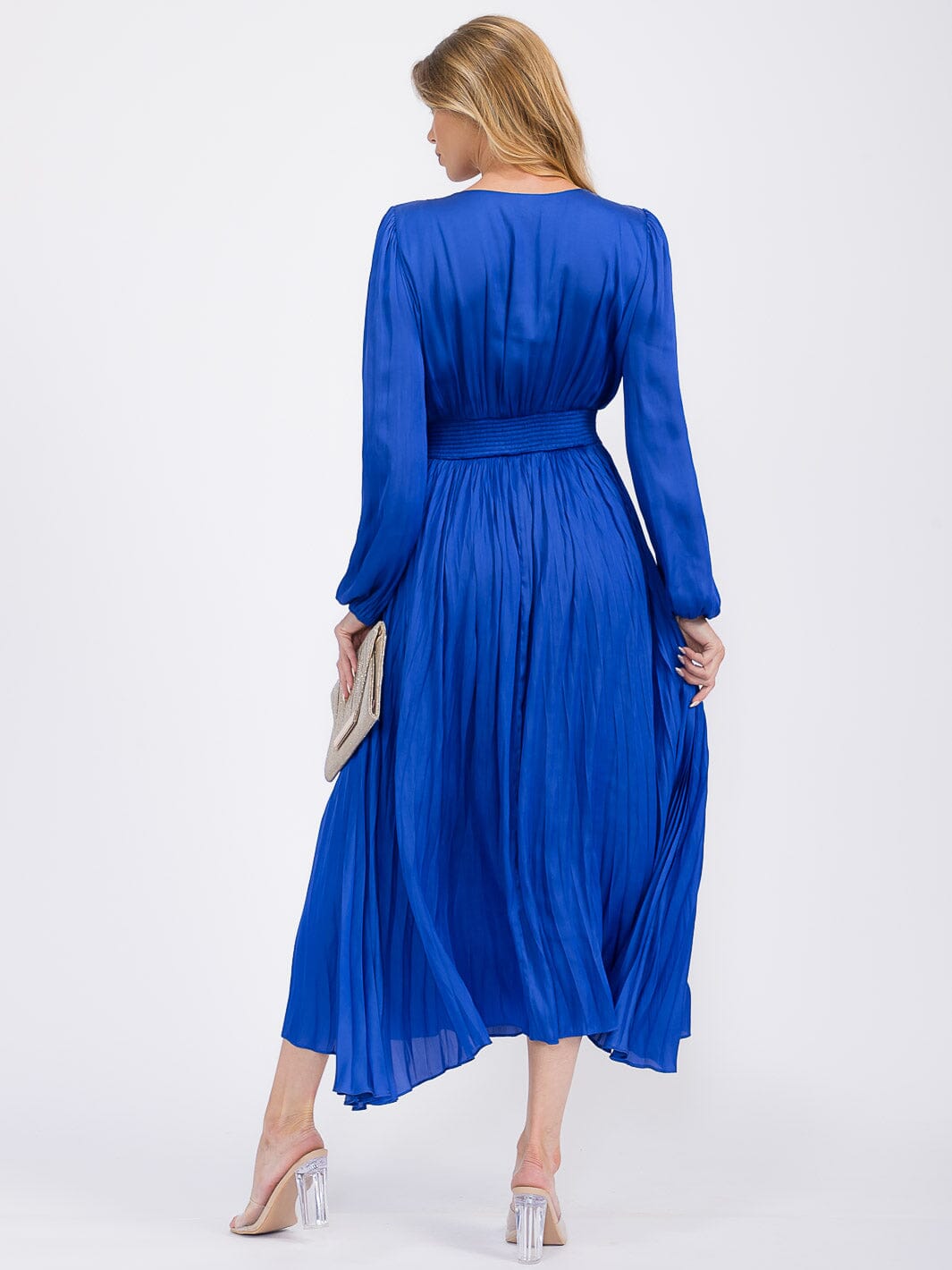 WOMEN'S LONG SLEEVE V-NECK PLEATED MAXI DRESS