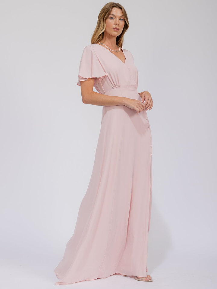 WOMEN'S SHORT SLEEVE SURPLICE FRONT SLIT MAXI GOWN DRESS