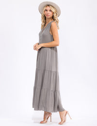 WOMEN'S SLEEVELESS V-NECK BUTTON UP TIERED MAXI DRESS
