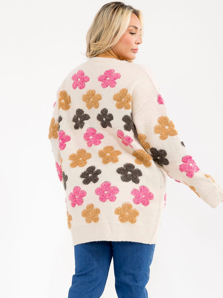 PLUS SIZE LONG SLEEVE BUTTON CLOSURE FLORAL PRINT CARDIGAN