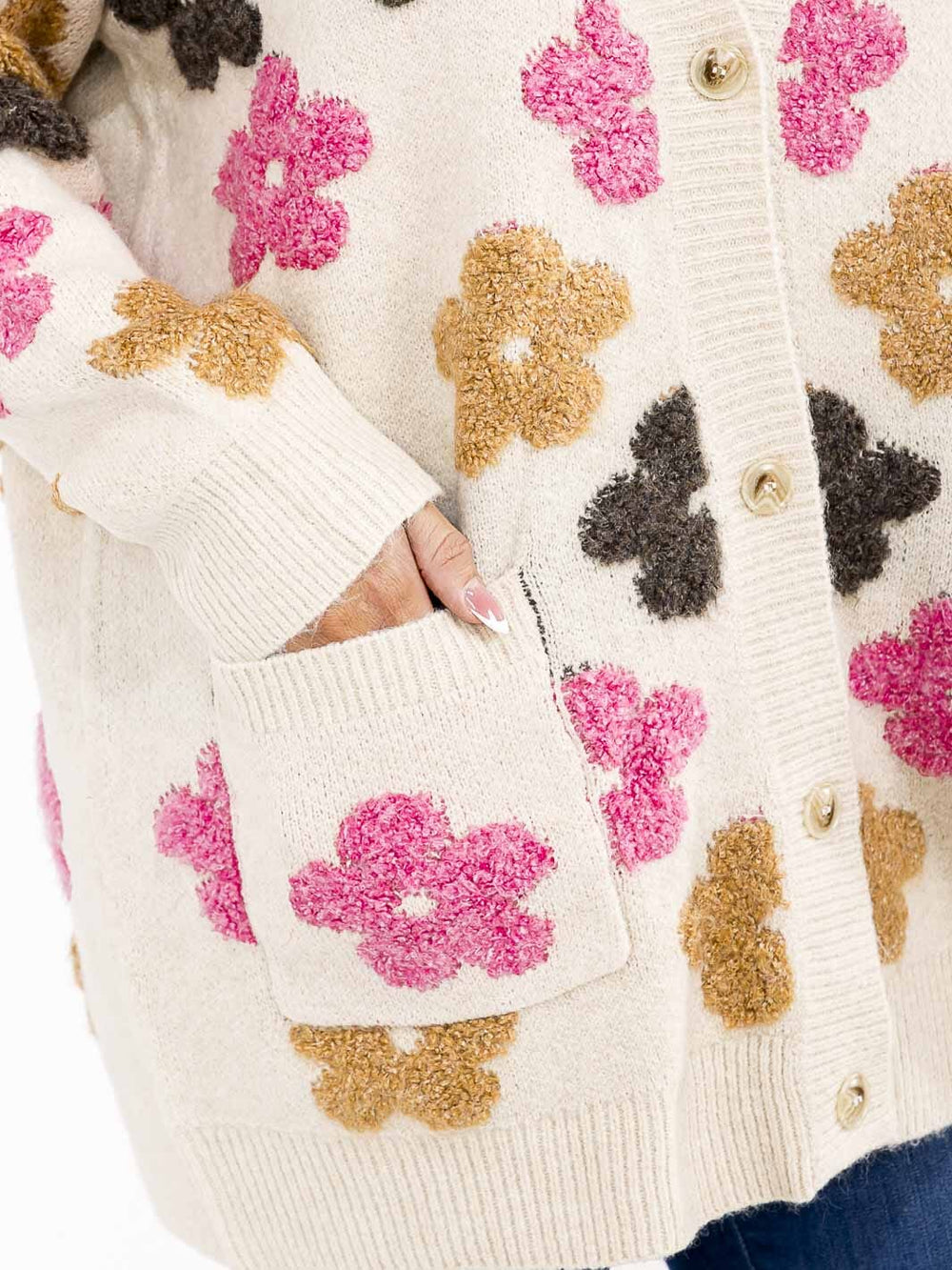 PLUS SIZE LONG SLEEVE BUTTON CLOSURE FLORAL PRINT CARDIGAN