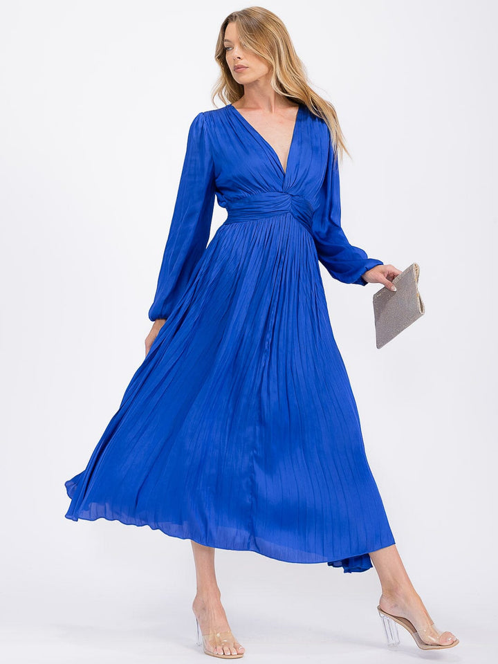 WOMEN'S LONG SLEEVE V-NECK PLEATED MAXI DRESS