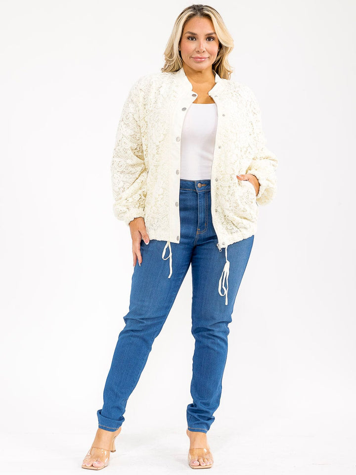 PLUS SIZE LONG SLEEVE BUTTON CLOSURE FRONT POCKETS CROCHET JACKET