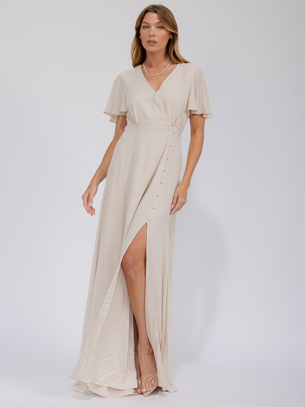 WOMEN'S SHORT SLEEVE SURPLICE FRONT SLIT MAXI GOWN DRESS