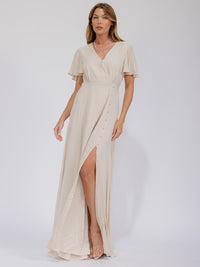 WOMEN'S SHORT SLEEVE SURPLICE FRONT SLIT MAXI GOWN DRESS