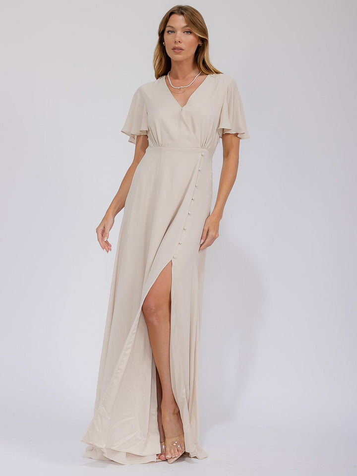 WOMEN'S SHORT SLEEVE SURPLICE FRONT SLIT MAXI GOWN DRESS