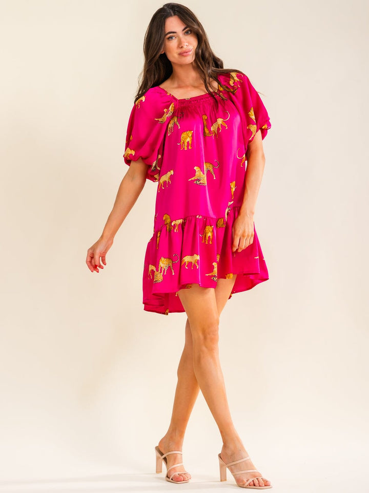ENTRO WOMEN'S SHORT PUFF SLEEVE FRONT POCKETS ANIMAL PRINT MINI DRESS