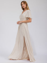 WOMEN'S SHORT SLEEVE SURPLICE FRONT SLIT MAXI GOWN DRESS