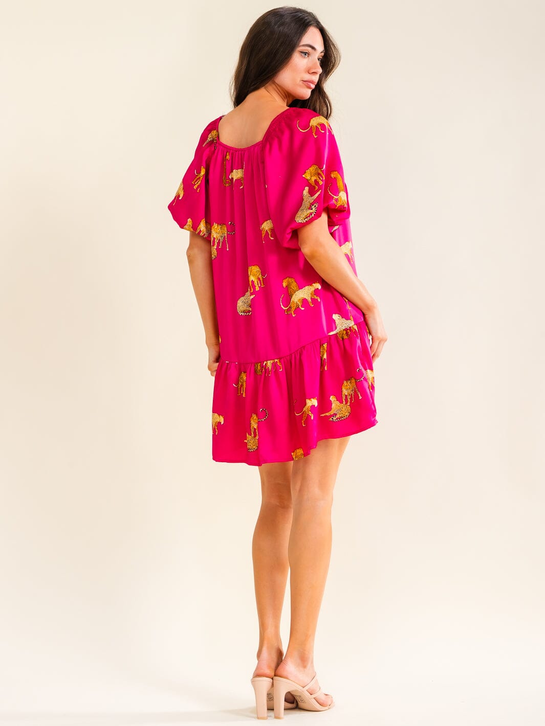 ENTRO WOMEN'S SHORT PUFF SLEEVE FRONT POCKETS ANIMAL PRINT MINI DRESS