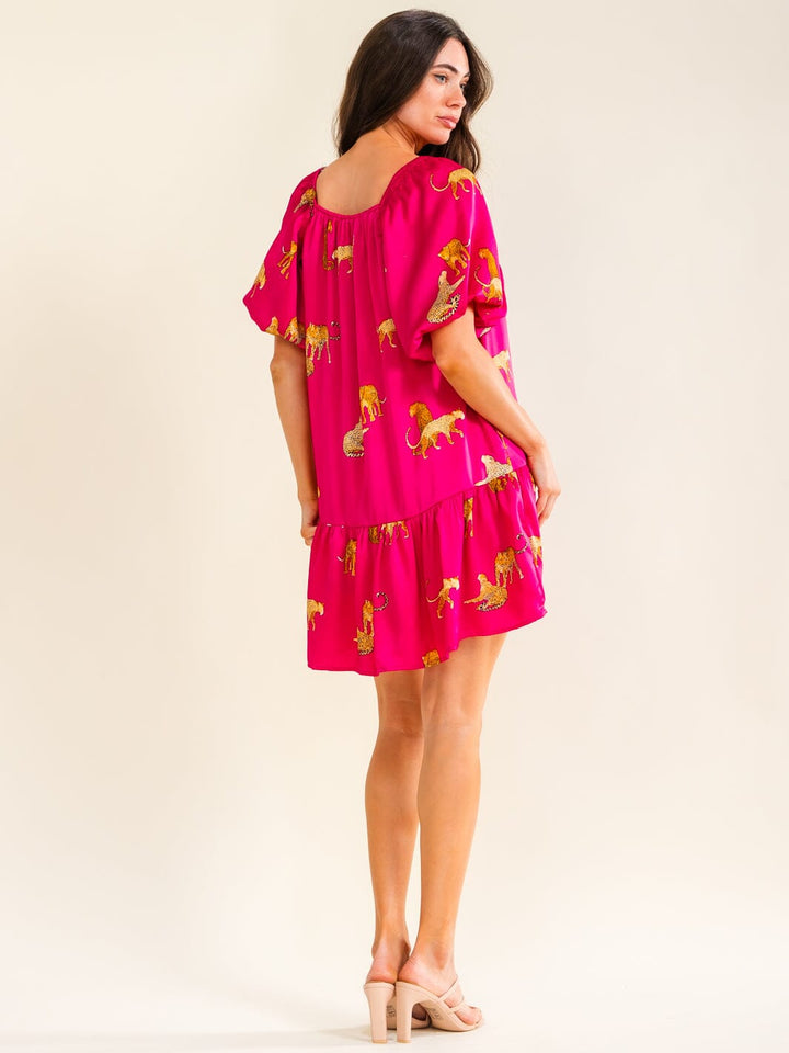ENTRO WOMEN'S SHORT PUFF SLEEVE FRONT POCKETS ANIMAL PRINT MINI DRESS