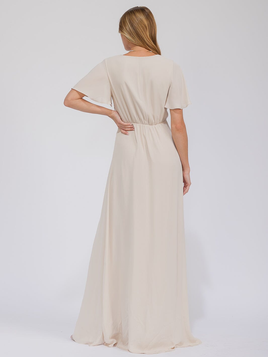 WOMEN'S SHORT SLEEVE SURPLICE FRONT SLIT MAXI GOWN DRESS