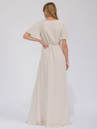 WOMEN'S SHORT SLEEVE SURPLICE FRONT SLIT MAXI GOWN DRESS