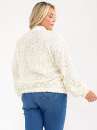 PLUS SIZE LONG SLEEVE BUTTON CLOSURE FRONT POCKETS CROCHET JACKET