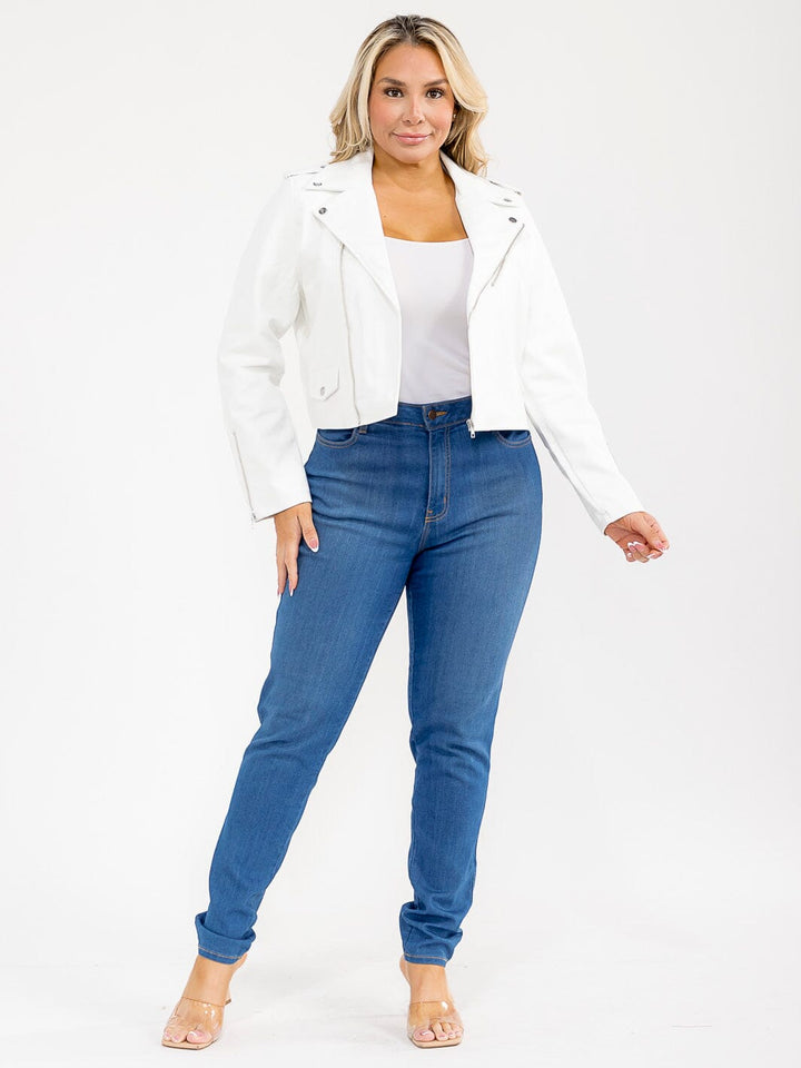 PLUS SIZE LONG SLEEVE ZIPPER CLOSURE PLEATHER JACKET