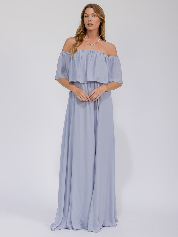 WOMEN'S SHORT SLEEVE OFF SHOULDER ELASTIC WAIST MAXI GOWN DRESS