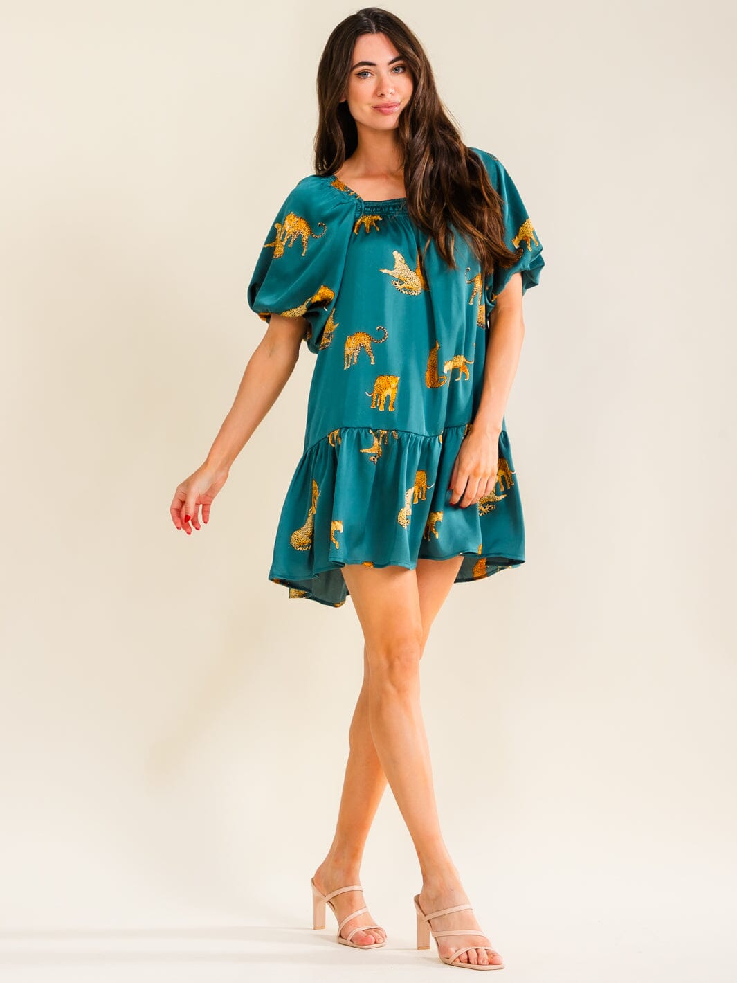 ENTRO WOMEN'S SHORT PUFF SLEEVE FRONT POCKETS ANIMAL PRINT MINI DRESS
