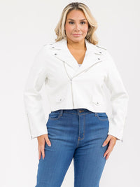 PLUS SIZE LONG SLEEVE ZIPPER CLOSURE PLEATHER JACKET