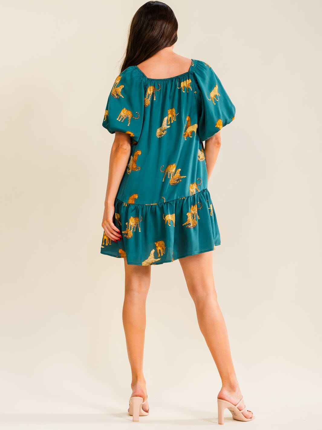 ENTRO WOMEN'S SHORT PUFF SLEEVE FRONT POCKETS ANIMAL PRINT MINI DRESS
