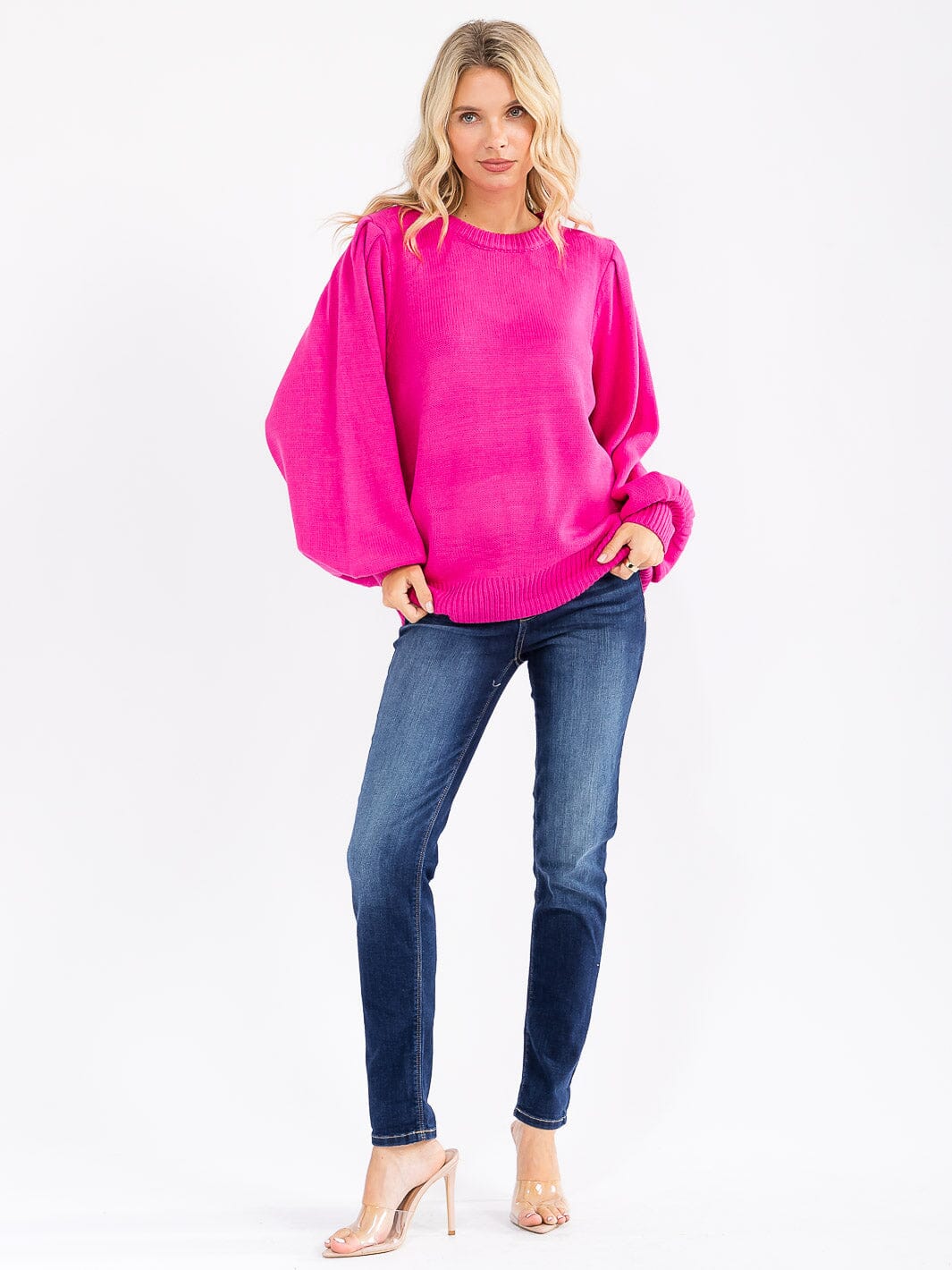 WOMEN'S LONG BALLON SLEEVE OPEN BACK PULLOVER SWEATER