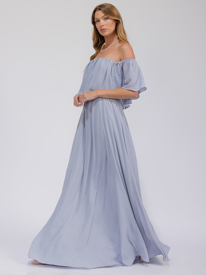 WOMEN'S SHORT SLEEVE OFF SHOULDER ELASTIC WAIST MAXI GOWN DRESS