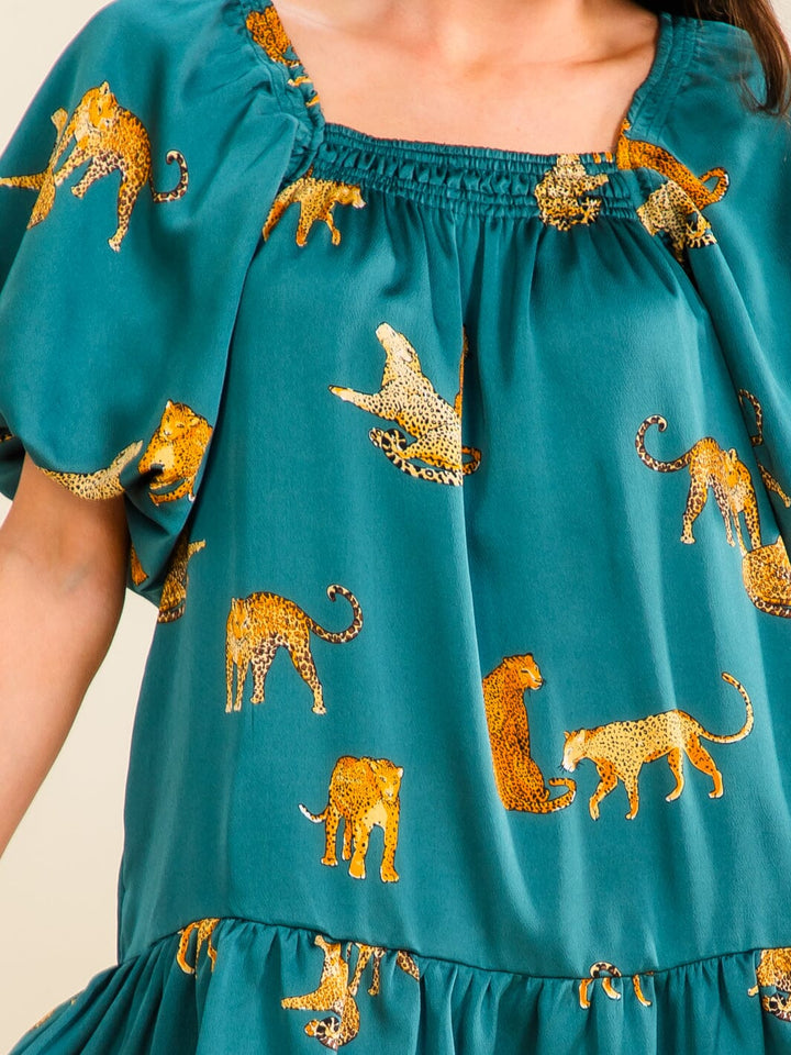 ENTRO WOMEN'S SHORT PUFF SLEEVE FRONT POCKETS ANIMAL PRINT MINI DRESS
