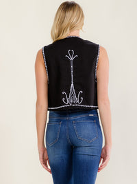 WOMEN'S SLEEVELESS OPEN FRONT EMBROIDERY DETAILED VEST